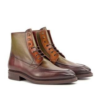 Ambrogio Handmade Custom Men's Shoes Cognac, Burgundy & Olive Calf-Skin Leather Moccasin Boots (AMB1950)-AmbrogioShoes