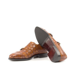 Ambrogio Handmade Custom Men's Shoes Cognac Crocodile Print / Calf-Skin Leather Monk-Straps Loafers (AMB2195)-AmbrogioShoes