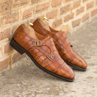 Ambrogio Handmade Custom Men's Shoes Cognac Crocodile Print / Calf-Skin Leather Monk-Straps Loafers (AMB2195)-AmbrogioShoes