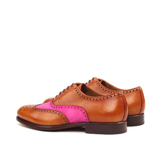 Ambrogio Handmade Custom Men's Shoes Cognac & Fuschia Suede / Calf-Skin Leather Full Brogue Oxfords (AMB2152)-AmbrogioShoes