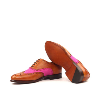 Ambrogio Handmade Custom Men's Shoes Cognac & Fuschia Suede / Calf-Skin Leather Full Brogue Oxfords (AMB2152)-AmbrogioShoes