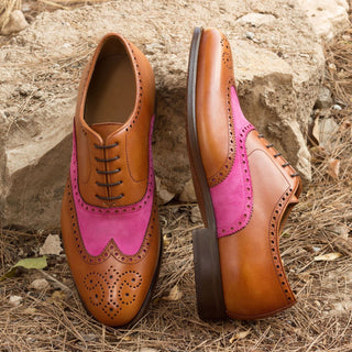Ambrogio Handmade Custom Men's Shoes Cognac & Fuschia Suede / Calf-Skin Leather Full Brogue Oxfords (AMB2152)-AmbrogioShoes