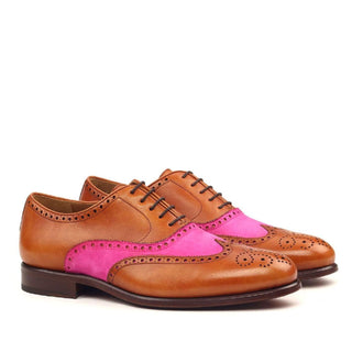Ambrogio Handmade Custom Men's Shoes Cognac & Fuschia Suede / Calf-Skin Leather Full Brogue Oxfords (AMB2152)-AmbrogioShoes