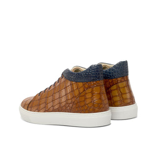 Ambrogio Handmade Custom Men's Shoes Cognac & Navy Crocodile Print / Calf-Skin Leather High Top Sneakers (AMB2213)-AmbrogioShoes