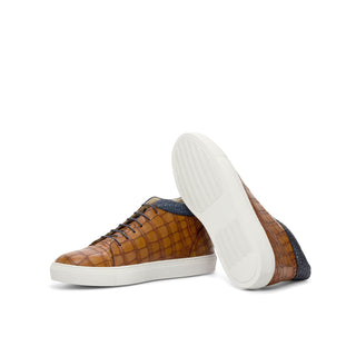 Ambrogio Handmade Custom Men's Shoes Cognac & Navy Crocodile Print / Calf-Skin Leather High Top Sneakers (AMB2213)-AmbrogioShoes