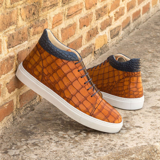 Ambrogio Handmade Custom Men's Shoes Cognac & Navy Crocodile Print / Calf-Skin Leather High Top Sneakers (AMB2213)-AmbrogioShoes