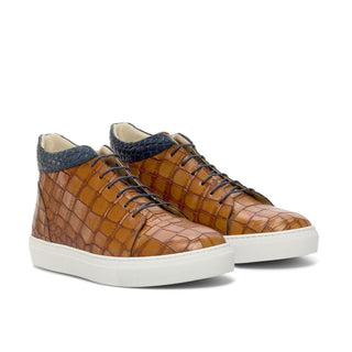 Ambrogio Handmade Custom Men's Shoes Cognac & Navy Crocodile Print / Calf-Skin Leather High Top Sneakers (AMB2213)-AmbrogioShoes