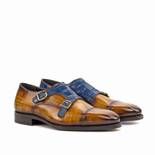 Ambrogio Handmade Custom Men's Shoes Cognac & Navy Crocodile Print / Patina Leather Monk-Straps Loafers (AMB1912)-AmbrogioShoes