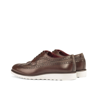 Ambrogio Handmade Custom Men's Shoes Dark Brown Crocodile Print / Calf-Skin Leather Wingtip Oxfords (AMB1896)-AmbrogioShoes