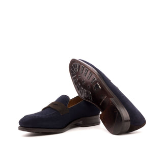 Ambrogio Handmade Custom Men's Shoes Dark Brown & Navy Suede / Calf-Skin Leather Penny Loafers (AMB2115)-AmbrogioShoes