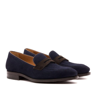 Ambrogio Handmade Custom Men's Shoes Dark Brown & Navy Suede / Calf-Skin Leather Penny Loafers (AMB2115)-AmbrogioShoes