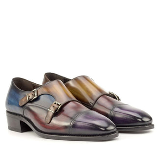 Ambrogio Handmade Custom Men's Shoes Denim, Cognac, Purple & Burgundy Patina Leather Monk-Straps Loafers (AMB2227)-AmbrogioShoes