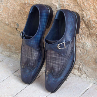 Ambrogio Handmade Custom Men's Shoes Denim & Gray Patina Leather Monk Strap (AMB1913)-AmbrogioShoes