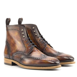 Ambrogio Handmade Custom Men's Shoes Fire Patina Leather Military Brogue Boots (AMB2215)-AmbrogioShoes