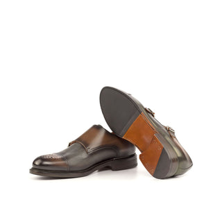 Ambrogio Handmade Custom Men's Shoes Gray & Brown Calf-Skin Leather Monk-Straps Loafers (AMB1953)-AmbrogioShoes