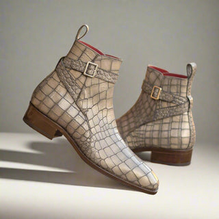 Ambrogio Handmade Custom Men's Shoes Gray Crocodile Print Leather Jodhpur Boots (AMB2181)-AmbrogioShoes