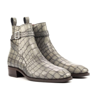 Ambrogio Handmade Custom Men's Shoes Gray Crocodile Print Leather Jodhpur Boots (AMB2181)-AmbrogioShoes