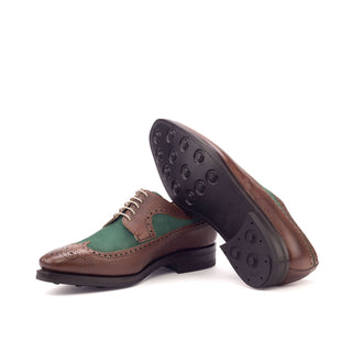 Ambrogio Handmade Custom Men's Shoes Green & Brown Suede / Pebble Grain Leather Longwing Blucher Oxfords (AMB2166)-AmbrogioShoes