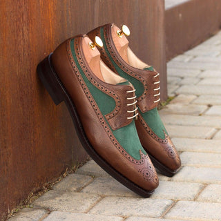 Ambrogio Handmade Custom Men's Shoes Green & Brown Suede / Pebble Grain Leather Longwing Blucher Oxfords (AMB2166)-AmbrogioShoes