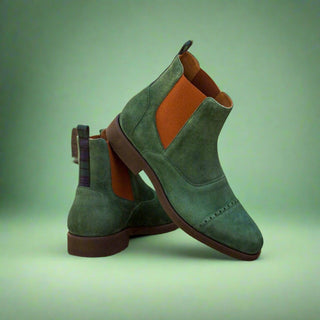 Ambrogio Handmade Custom Men's Shoes Green Fabric / Suede Leather Chelsea Boots (AMB2010)-AmbrogioShoes