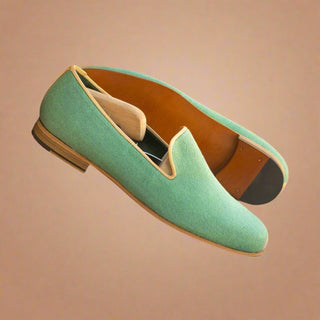 Ambrogio Handmade Custom Men's Shoes Green Linen Fabric Wellington Loafers (AMB1972)-AmbrogioShoes