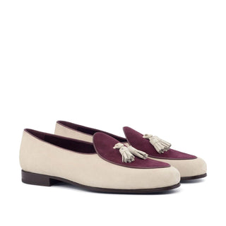 Ambrogio Handmade Custom Men's Shoes Ivory & Burgundy Suede Leather Tassels Loafers (AMB1974)-AmbrogioShoes