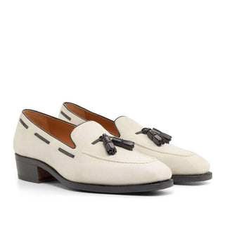 Ambrogio Handmade Custom Men's Shoes Ivory Suede Leather Tassels Loafers (AMB2155)-AmbrogioShoes