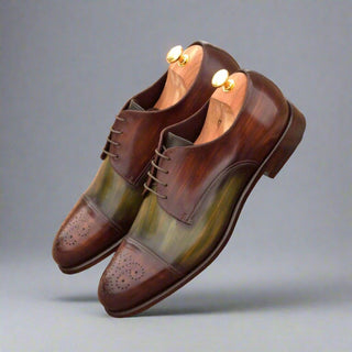 Ambrogio Handmade Custom Men's Shoes Khaki & Brown Patina Leather Derby (AMB1980)-AmbrogioShoes