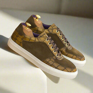 Ambrogio Handmade Custom Men's Shoes Khaki & Olive Suede / Crocodile Print Leather Trainer Sneakers (AMB2231)-AmbrogioShoes