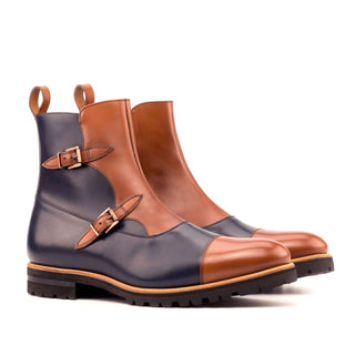 Ambrogio Handmade Custom Men's Shoes Navy & Brown Calf-Skin Leather Buckle Boots (AMB1949)-AmbrogioShoes