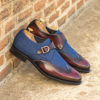 Ambrogio Handmade Custom Men's Shoes Navy & Burgundy Jeans Fabric / Patina Leather Monk Strap (AMB2194)-AmbrogioShoes