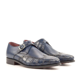 Ambrogio Handmade Custom Men's Shoes Navy Crocodile Print & Calf-Skin Leather Monk Strap (AMB2193)-AmbrogioShoes