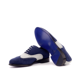 Ambrogio Handmade Custom Men's Shoes Navy & White Suede Leather Full Brogue Oxfords (AMB2129)-AmbrogioShoes