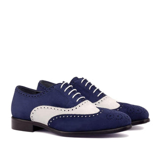 Ambrogio Handmade Custom Men's Shoes Navy & White Suede Leather Full Brogue Oxfords (AMB2129)-AmbrogioShoes