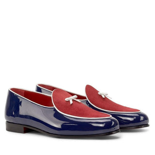Ambrogio Bespoke Custom Men's Shoes Red & Cobalt Blue Suede / Patent Leather Belgian Loafers (AMB2229)-AmbrogioShoes