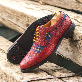 Ambrogio Handmade Custom Men's Shoes Red Combination Tartan Fabric / Crocodile Print Leather Golf Longwing Blucher Oxfords (AMB2219)-AmbrogioShoes