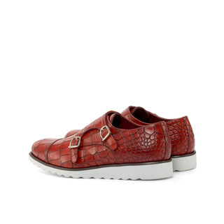 Ambrogio Handmade Custom Men's Shoes Red Crocodile Print Monk-Straps Loafers (AMB2211)-AmbrogioShoes
