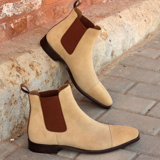 Ambrogio Handmade Custom Men's Shoes Sand & Brown Suede / Calf-Skin Leather Chelsea Boots (AMB1887)-AmbrogioShoes