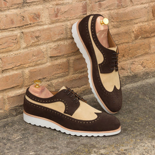 Ambrogio Handmade Custom Men's Shoes Sand & Dark Brown Suede Leather Longwing Blucher Oxfords (AMB2132)-AmbrogioShoes