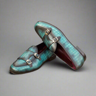 Ambrogio Handmade Custom Men's Shoes Turquoise Patina Leather Monk Slipper Loafers (AMB1947)-AmbrogioShoes