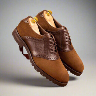 Ambrogio Handmade Custom Men's Shoes Two-Tone Brown Suede / Full Grain Leather Saddle Oxfords (AMB2008)-AmbrogioShoes
