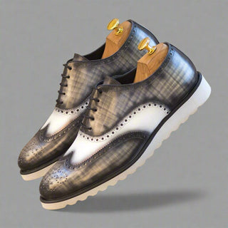 Ambrogio Handmade Custom Men's Shoes White & Gray Patina / Calf-Skin Leather Full Brogue Oxfords (AMB2225)-AmbrogioShoes