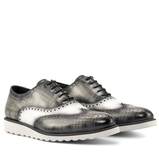 Ambrogio Handmade Custom Men's Shoes White & Gray Patina / Calf-Skin Leather Full Brogue Oxfords (AMB2225)-AmbrogioShoes