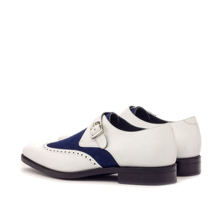Ambrogio Handmade Custom Men's Shoes White & Navy Suede / Calf-Skin Leather Monk Strap (AMB2004)-AmbrogioShoes