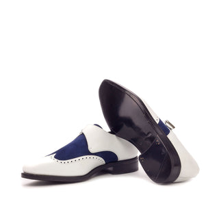 Ambrogio Handmade Custom Men's Shoes White & Navy Suede / Calf-Skin Leather Monk Strap (AMB2004)-AmbrogioShoes