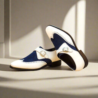 Ambrogio Handmade Custom Men's Shoes White & Navy Suede / Calf-Skin Leather Monk Strap (AMB2004)-AmbrogioShoes