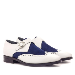 Ambrogio Handmade Custom Men's Shoes White & Navy Suede / Calf-Skin Leather Monk Strap (AMB2004)-AmbrogioShoes