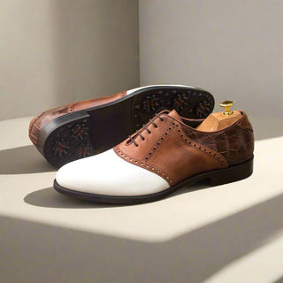 Ambrogio Handmade Custom Men's Shoes White & Two-Tone Brown Crocodile Print / Pebble Grain / Calf-Skin Leather Fabric Golf Oxfords (AMB1973)-AmbrogioShoes