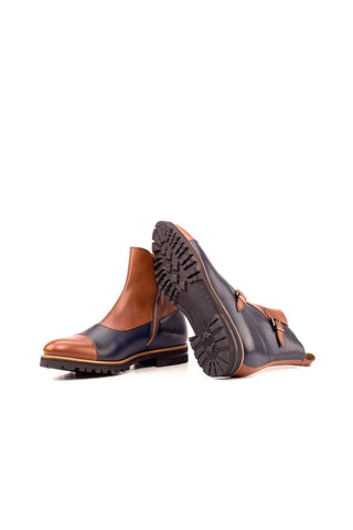 Ambrogio Handmade Custom Navy & Brown Calf-Skin Leather Buckle Boots (AMB1949)-AmbrogioShoes