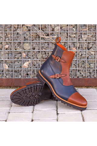 Ambrogio Handmade Custom Navy & Brown Calf-Skin Leather Buckle Boots (AMB1949)-AmbrogioShoes
